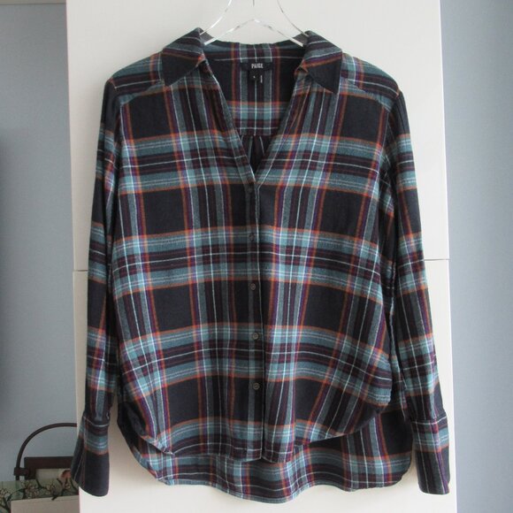PAIGE Plaid Tartan Women' Shirt size S Revolve Black Blue Long Sleeve V-Neck - Picture 1 of 12